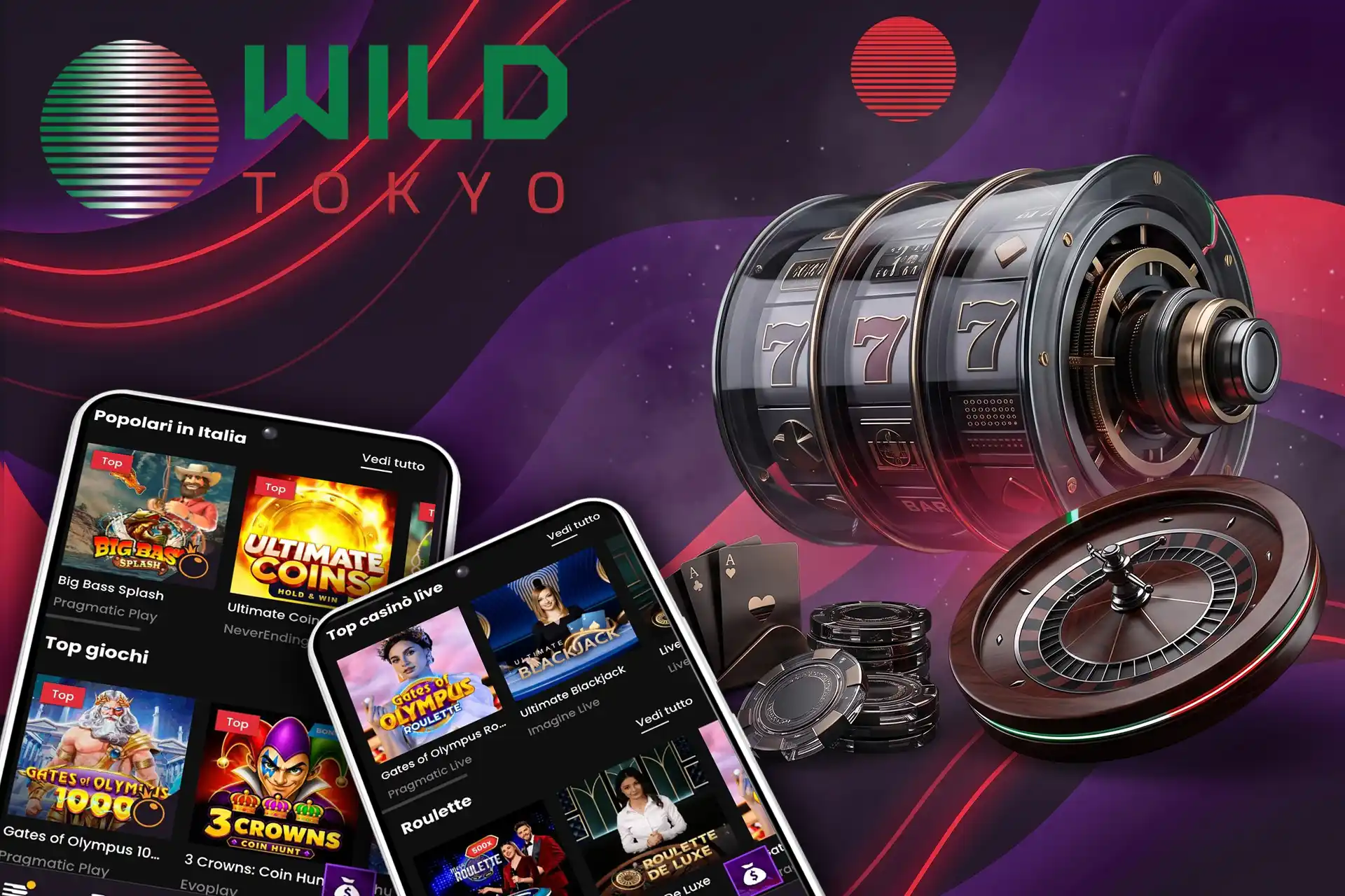 Ampia libreria di slot machine popolari e tavoli di casinò dal vivo in Wild Tokyo, mostrata su dispositivi mobili accanto a una roulette e fiches nere